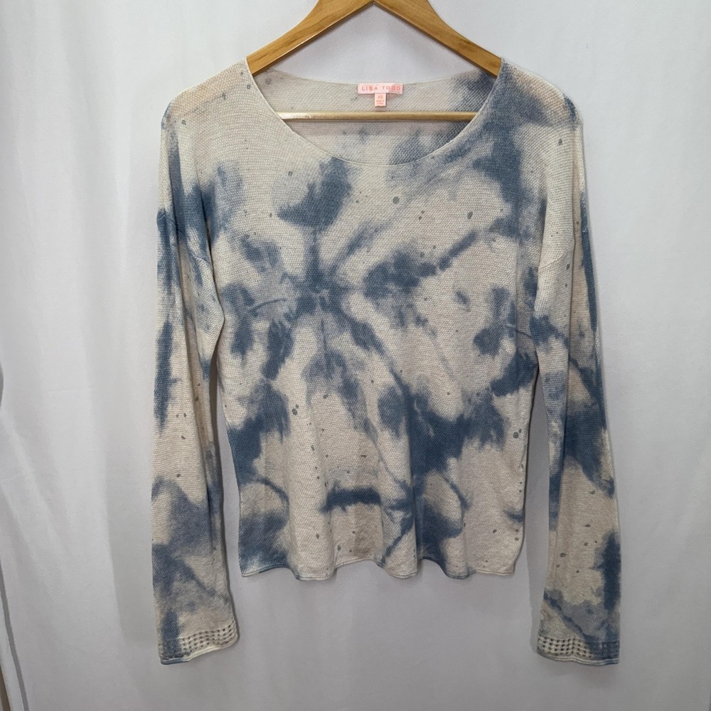 Lisa Todd Womens Linen Blend Top XS Blue Waffle Knit Lightweight Boho Crochet